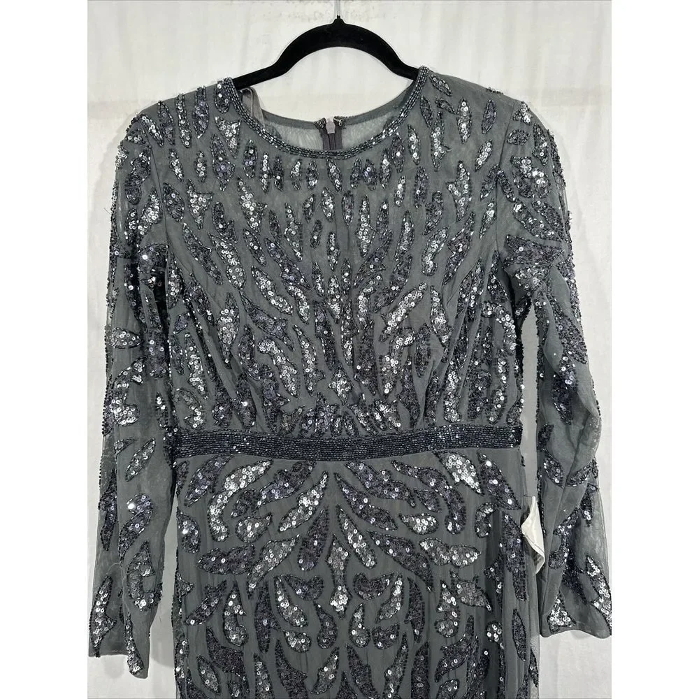 NWT $598 Mac Duggal [‎ 8 ] Beaded Long Sleeve Evening Gown 5124 Charcoal